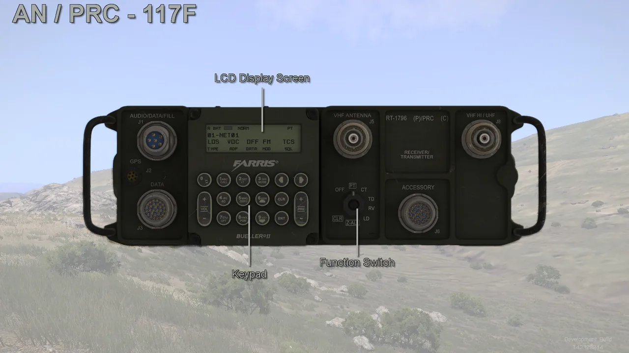 หน้าควบคุม AN/PRC-117F ใน ACRE2 — ที่มา: ACRE2 Documentation