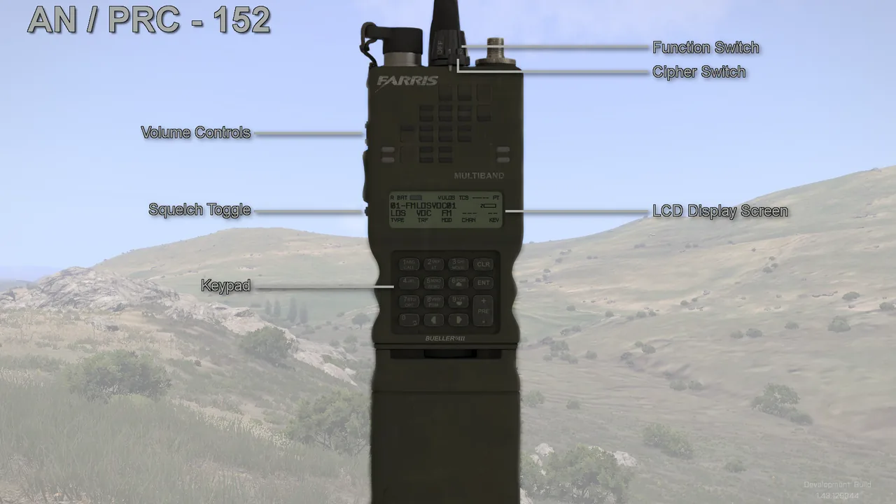 หน้าควบคุม AN/PRC-152 ใน ACRE2 — ที่มา: ACRE2 Documentation