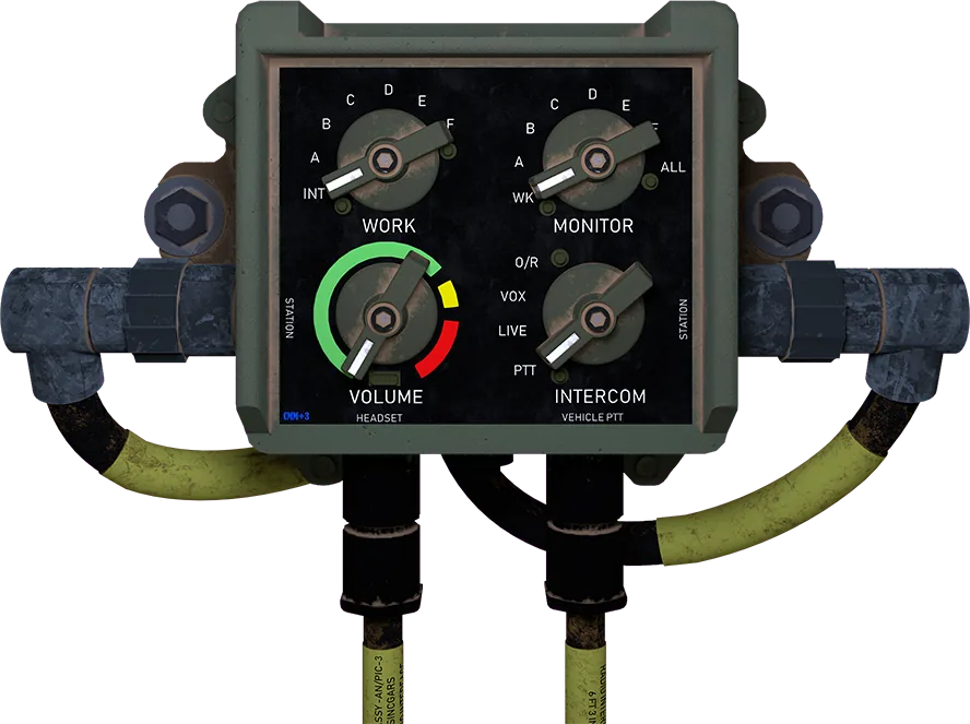 หน้าควบคุม AN/VIC-3 FFCS ใน ACRE2 — ที่มา: ACRE2 Documentation